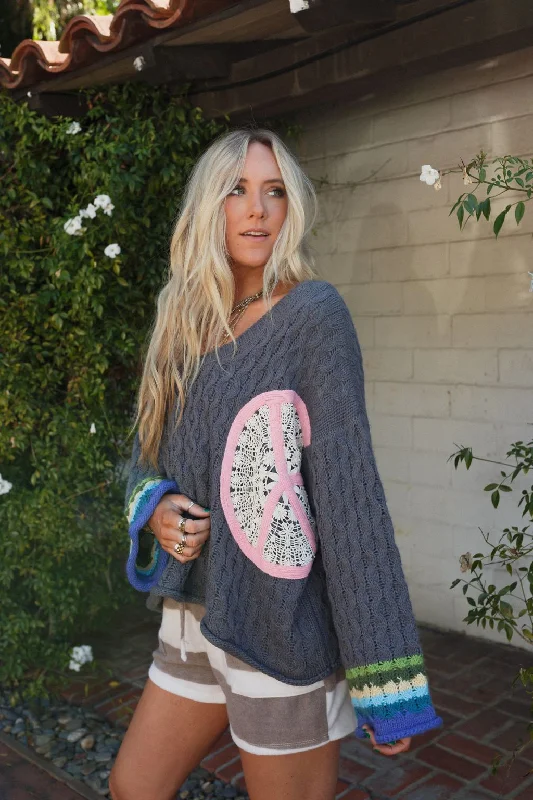 Harmony Peace Patch Sweater - Charcoal Velvet Chenille Corduroy