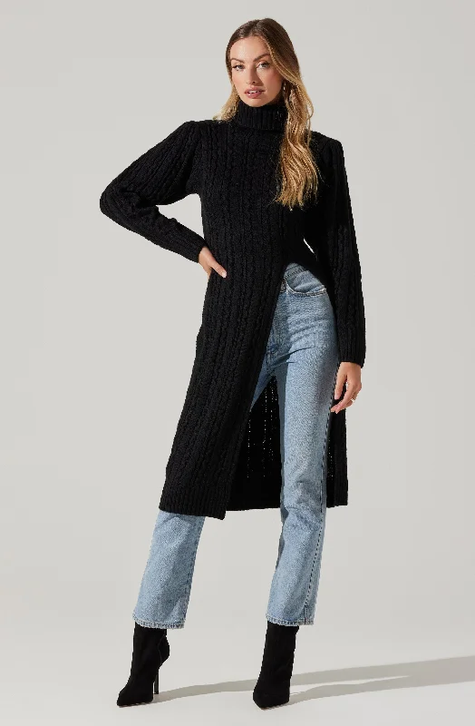 Hi Slit Cable Knit Sweater Chenille Brocade Lace