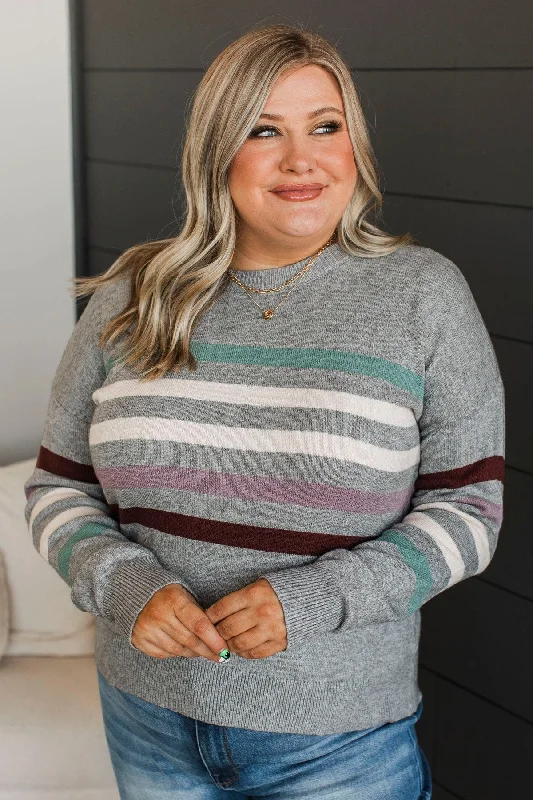 Keep Coming Back Striped Sweater- Grey Herringbone Houndstooth Plaid