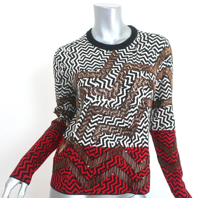 KENZO Beaded Sweater Black/Red Zig Zag Knit Size Medium Crewneck Sweater Spandex Rayon Corduroy KENZO Beaded Sweater Black/Red Zig Zag Knit Size Medium Crewneck Sweater Spandex Rayon Corduroy