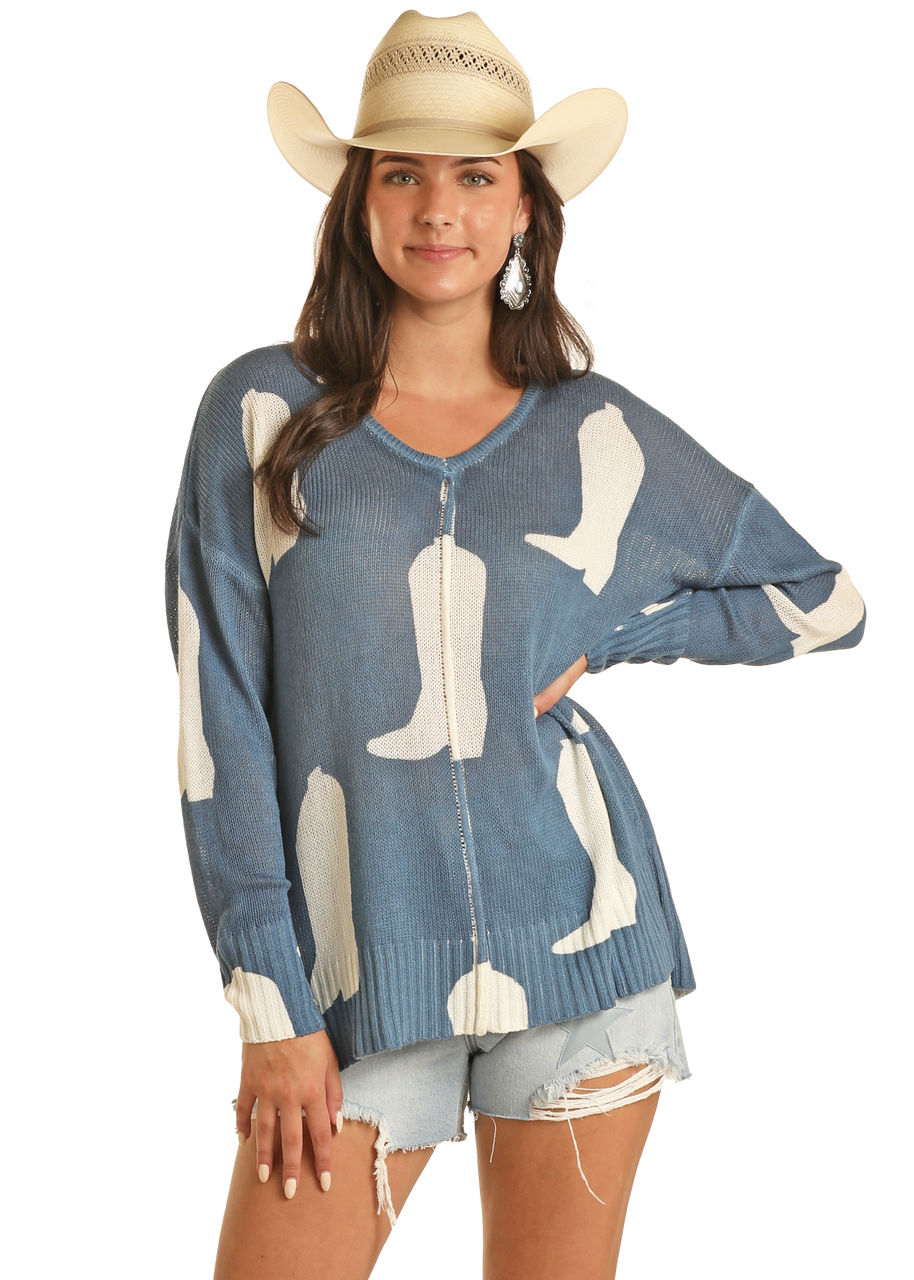 Ladies Rock & Roll Denim Boot Print Sweater - BW32T03912 Solid Print Embellished