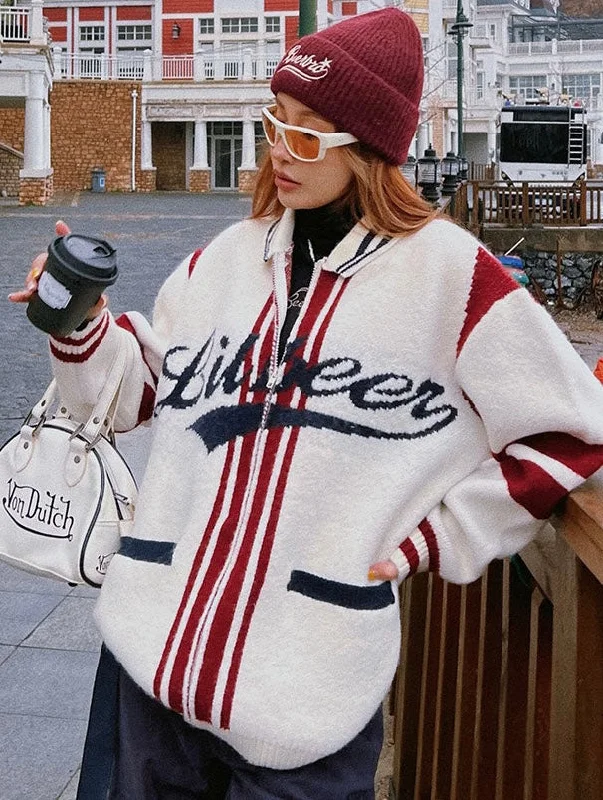 Lil beer Letter Print Stripe Zip Up Long Sleeve Sweater Glossy Satin Silk