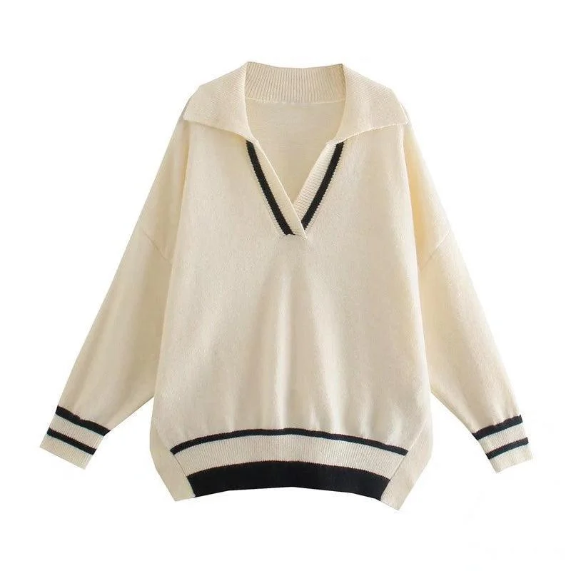 Loose Striped Pullover Sweaters For Women Ribbed Striped Patterned