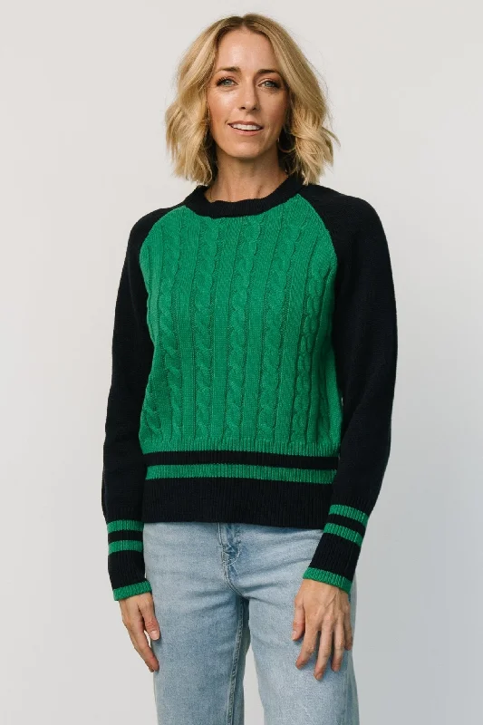 Marsha Cable Knit Sweater | Green + Navy Print Jacquard Patchwork