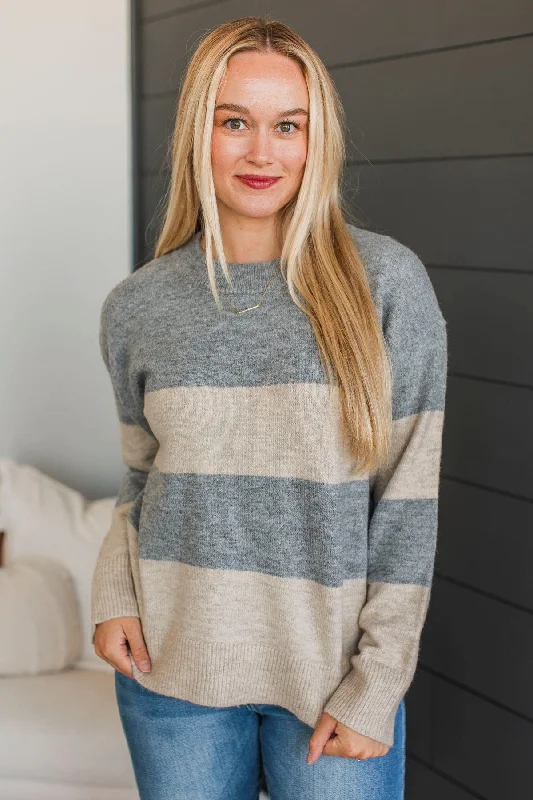 New Aspirations Striped Sweater- Heather Grey Machine Wash Dry Clean Hand Wash