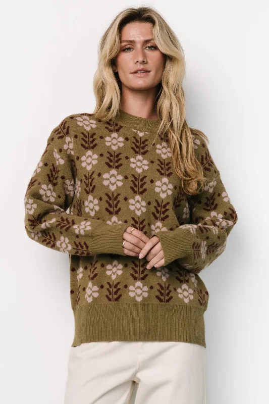 Norris Sweater | Olive Multi Floral Houndstooth Herringbone Solid