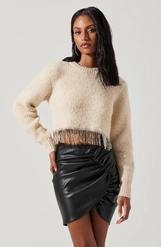 Palmer Rhinestone Fringe Sweater Glossy Satin Silk