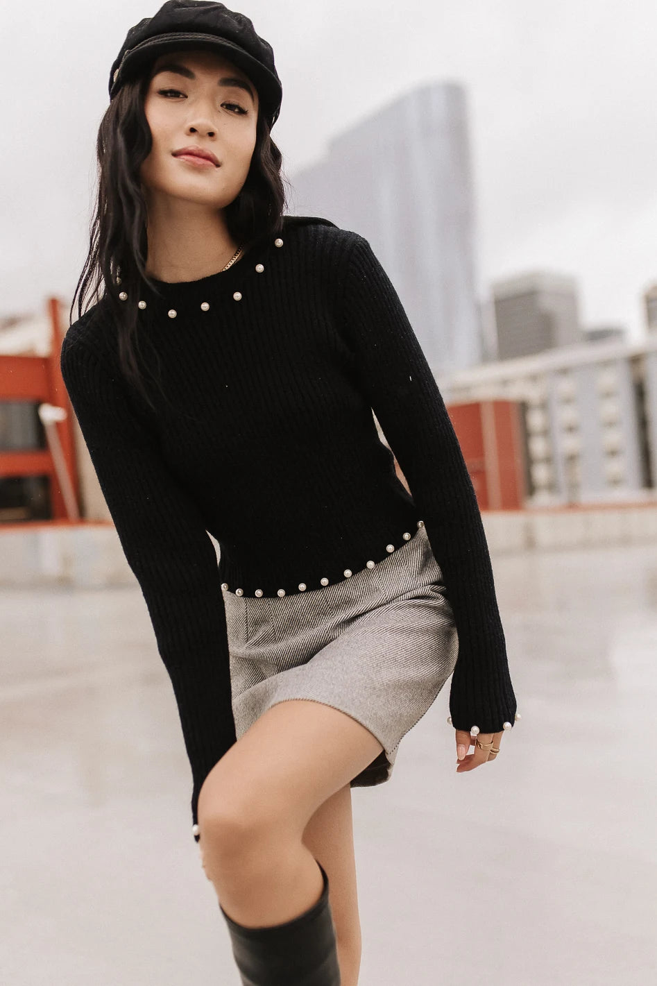 Pearl Embellished Sweater in Black Neon Metallic Matte