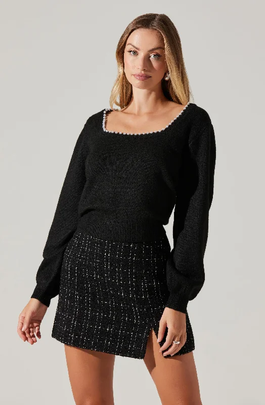 Pearl Lined Square Neck Sweater Mesh Blend Leather Blend Suede Blend