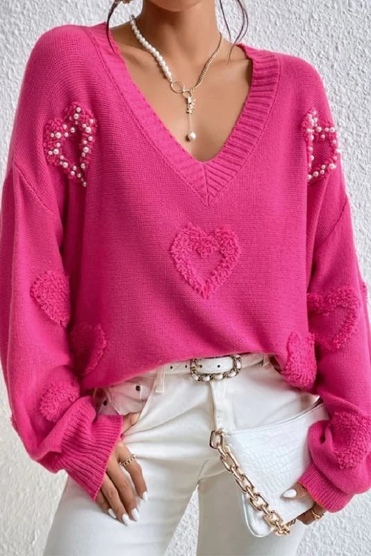 Pearl Trim Heart V-Neck Sweater Jersey Fabric Tulle Fabric Batik Fabric