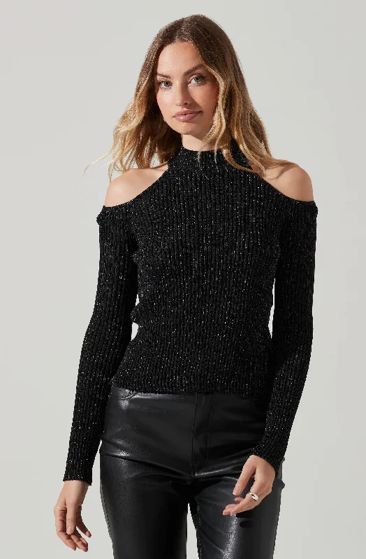 Pickford Mock Neck Cold Shoulder Sweater Solid Print Embellished