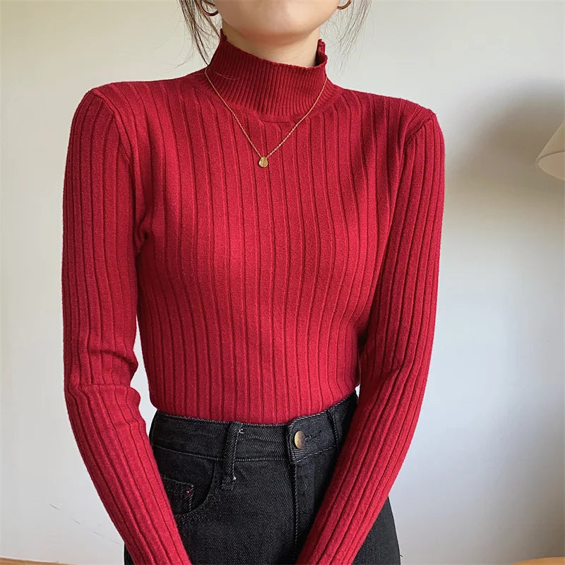Red Casual Bottoming Spring Basic Stand Long Knitted Sweater Faux Fur Fabric Real Fur Fabric Shearling Fabric