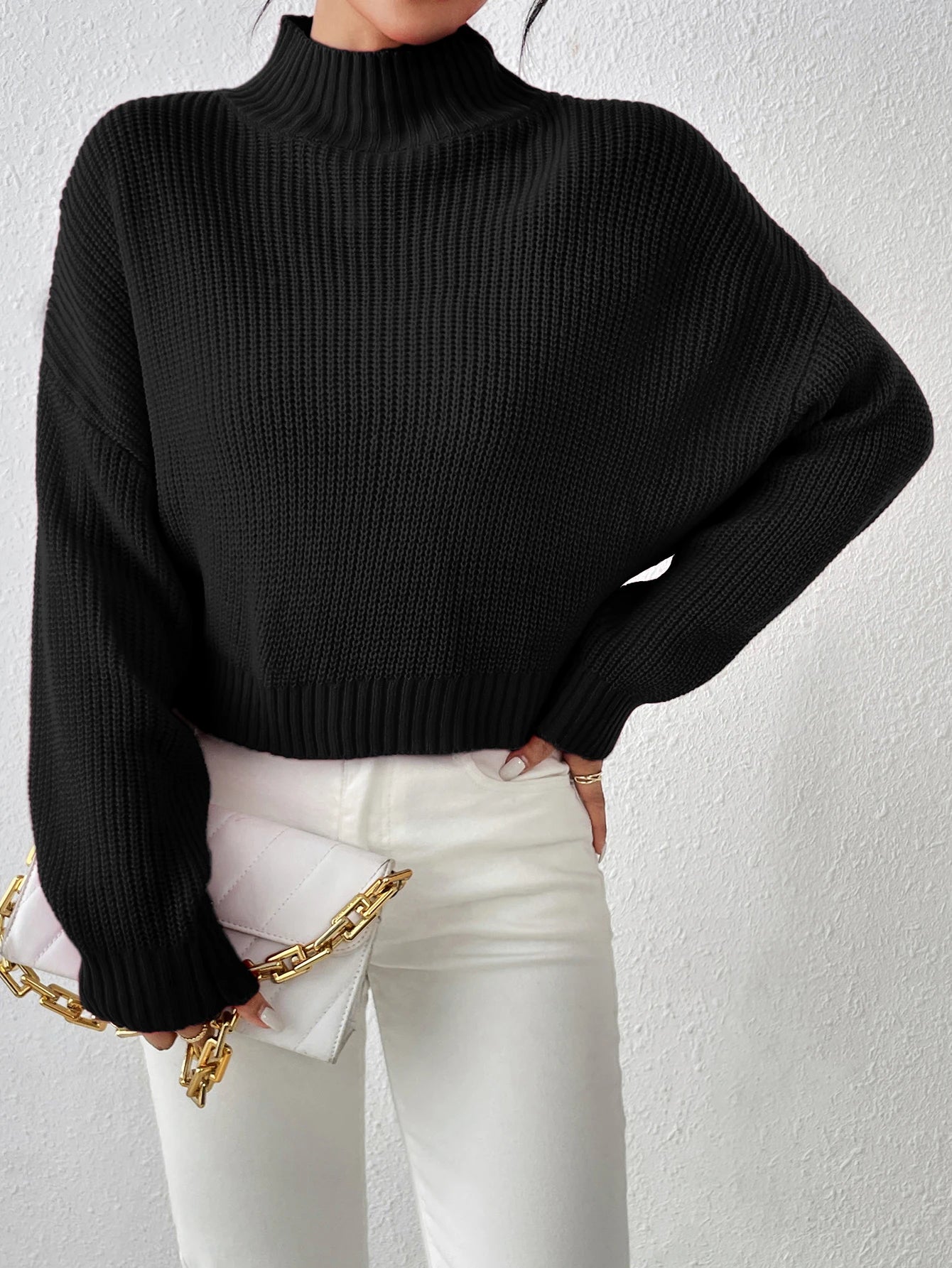 Ribbed Knitted Mock Long Solid High Drop Shoulder Sweater Turtle Neck Boat Neck Asymmetrical Neck Ribbed Knitted Mock Long Solid High Drop Shoulder Sweater Turtle Neck Boat Neck Asymmetrical Neck
