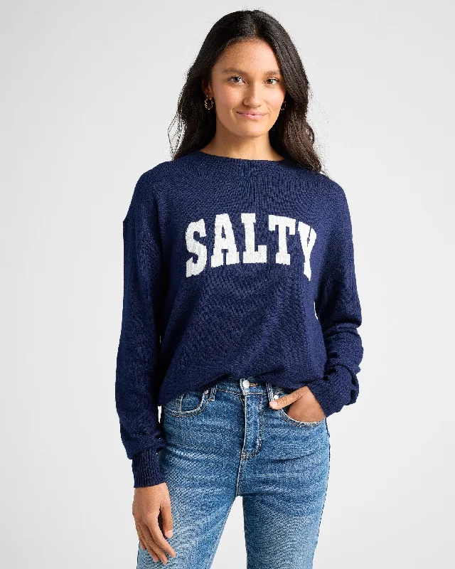 Salty Graphic Crew Neck Sweater Layered Multi-layer Single Layer