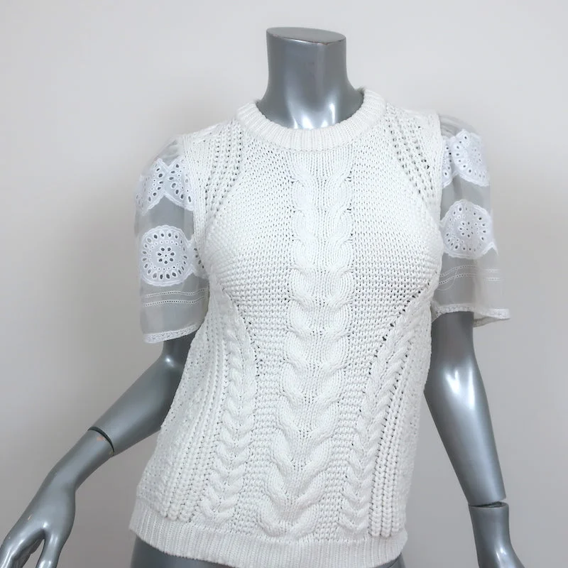 SEA Eyelet-Sleeve Sweater White Cable Knit Size Extra Small Short Sleeve Top Ribbed Striped Patterned SEA Eyelet-Sleeve Sweater White Cable Knit Size Extra Small Short Sleeve Top Ribbed Striped Patterned