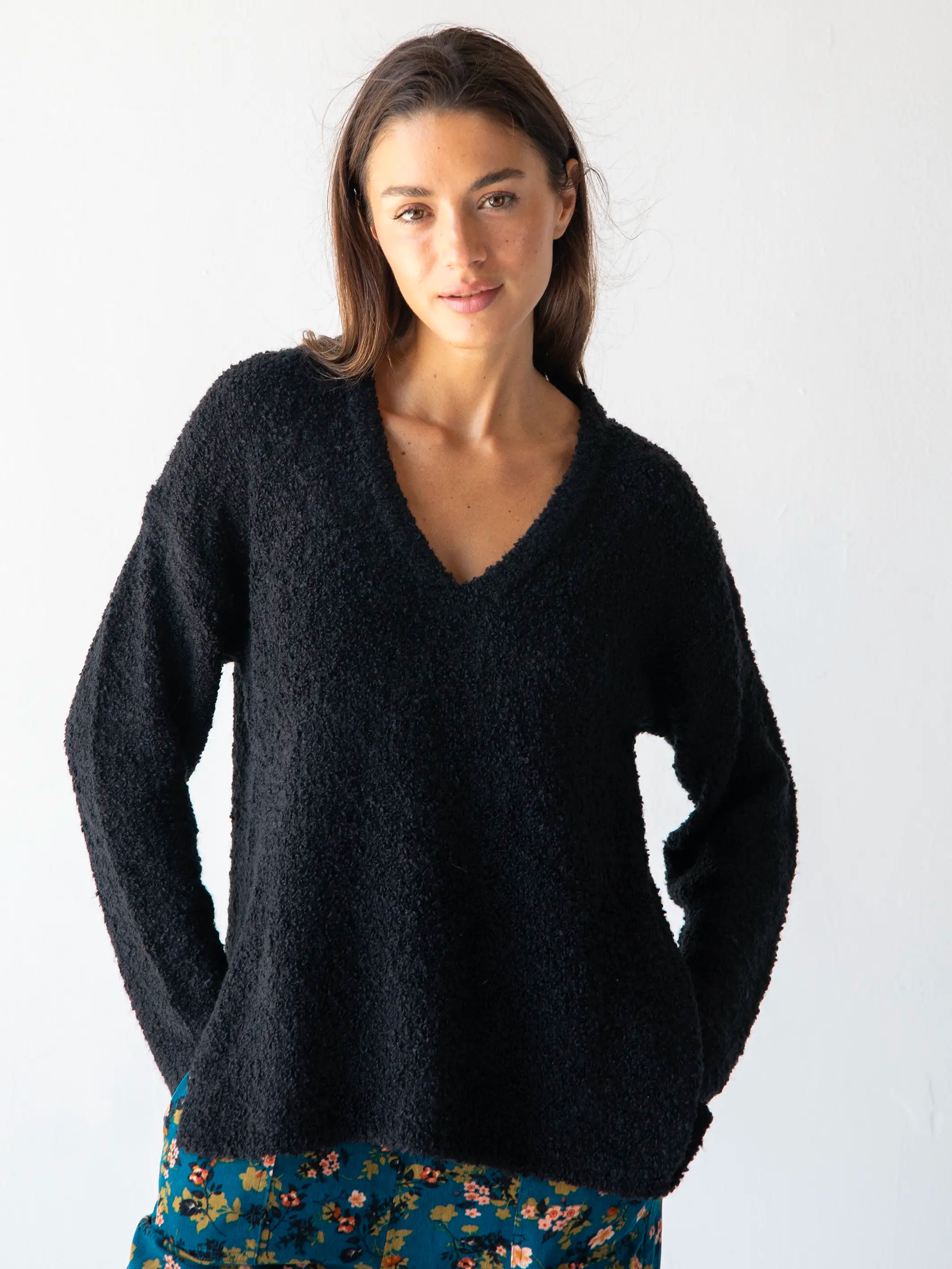 Snuggle Up V-Neck Sweater - Black Front Pockets Side Pockets Patch Pockets