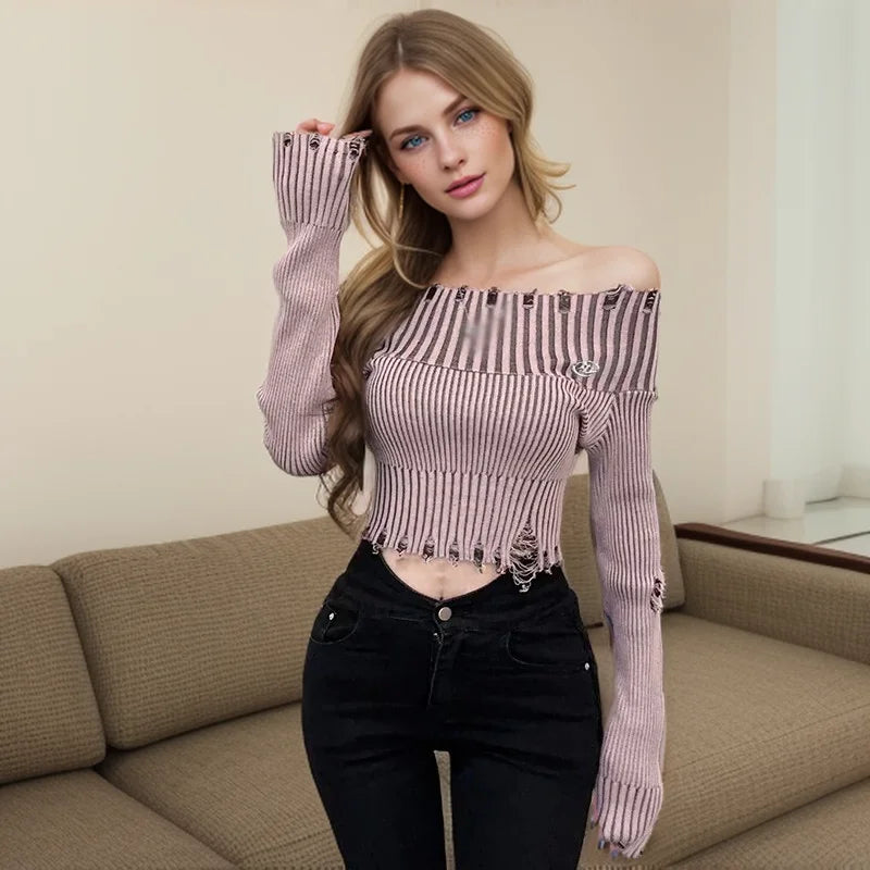 Spring Autumn Off Shoulder Solid Hole Slim Sexy Knitted Sweater Fitted Loose Oversized