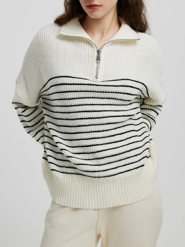 Striped Half Zip Long Sleeve Sweater Wool Fabric Cashmere Fabric Tweed Fabric