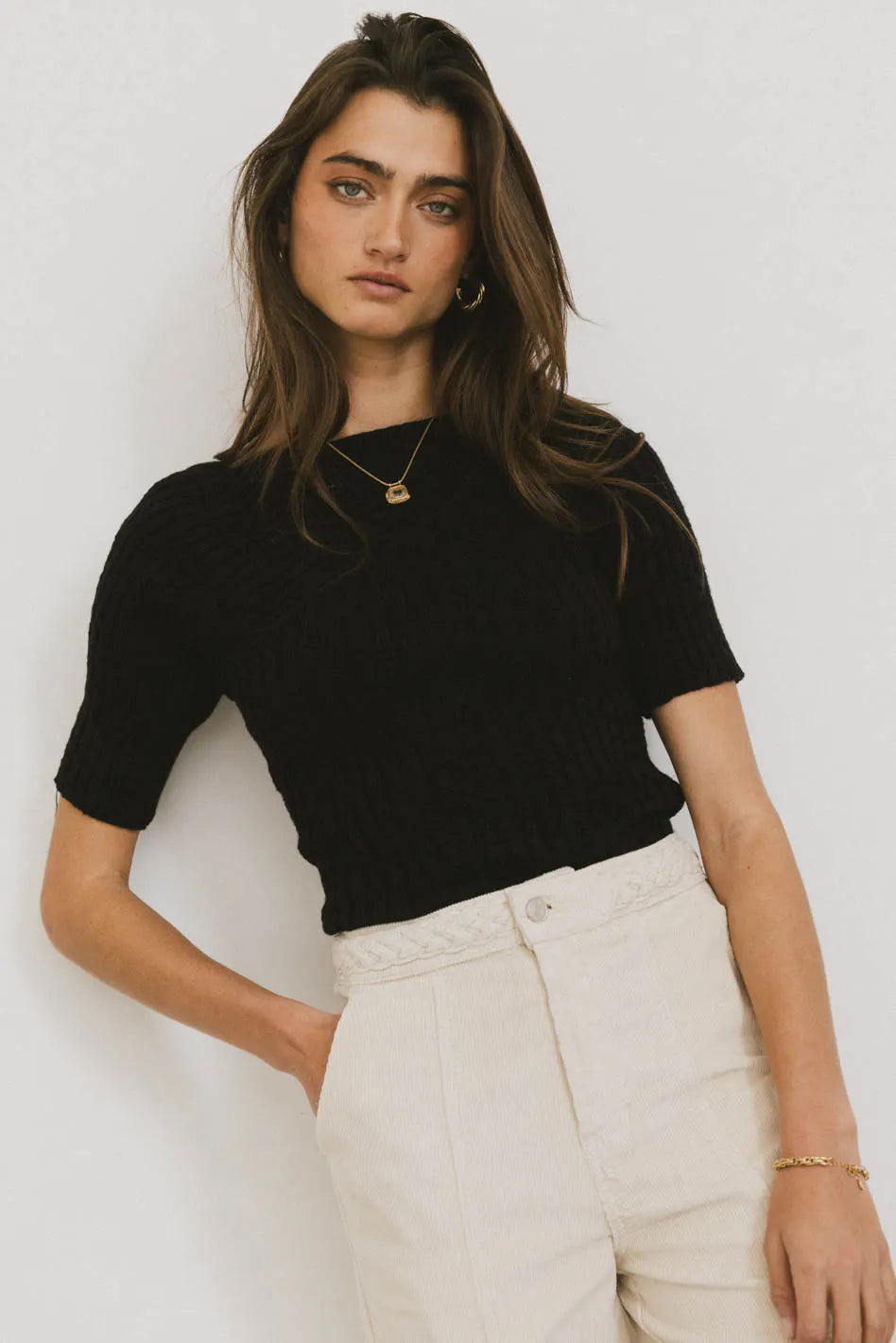 Toni Sweater Top in Black Wool Fabric Cashmere Fabric Tweed Fabric