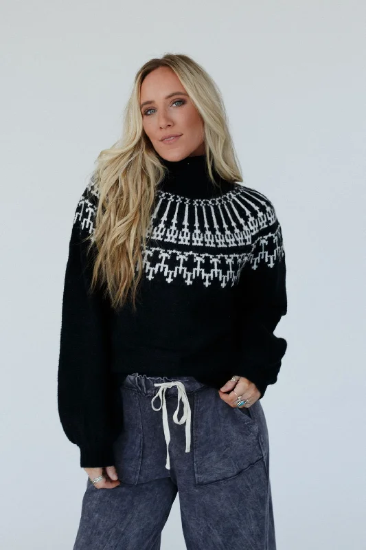 Vaiana Turtleneck Sweater - Black Solid Color Striped Floral Print