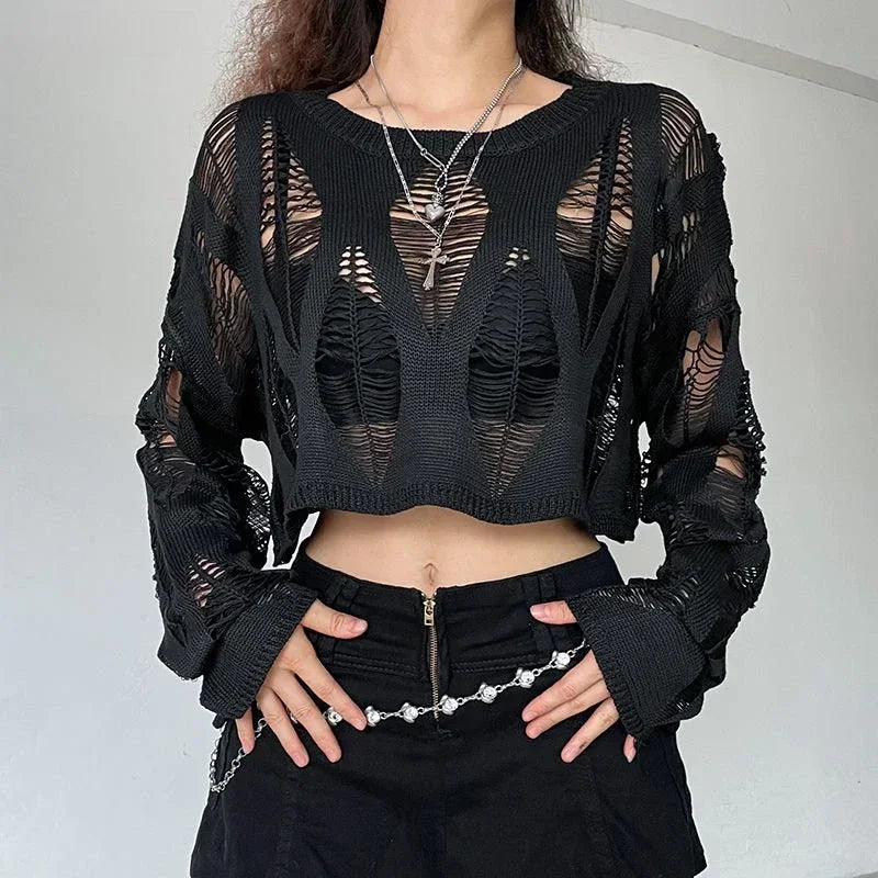 Vintage Hole Ripped Sexy Fashion Cropped Hollow Spring Sweater Collared Crew Neck Turtle Neck Vintage Hole Ripped Sexy Fashion Cropped Hollow Spring Sweater Collared Crew Neck Turtle Neck