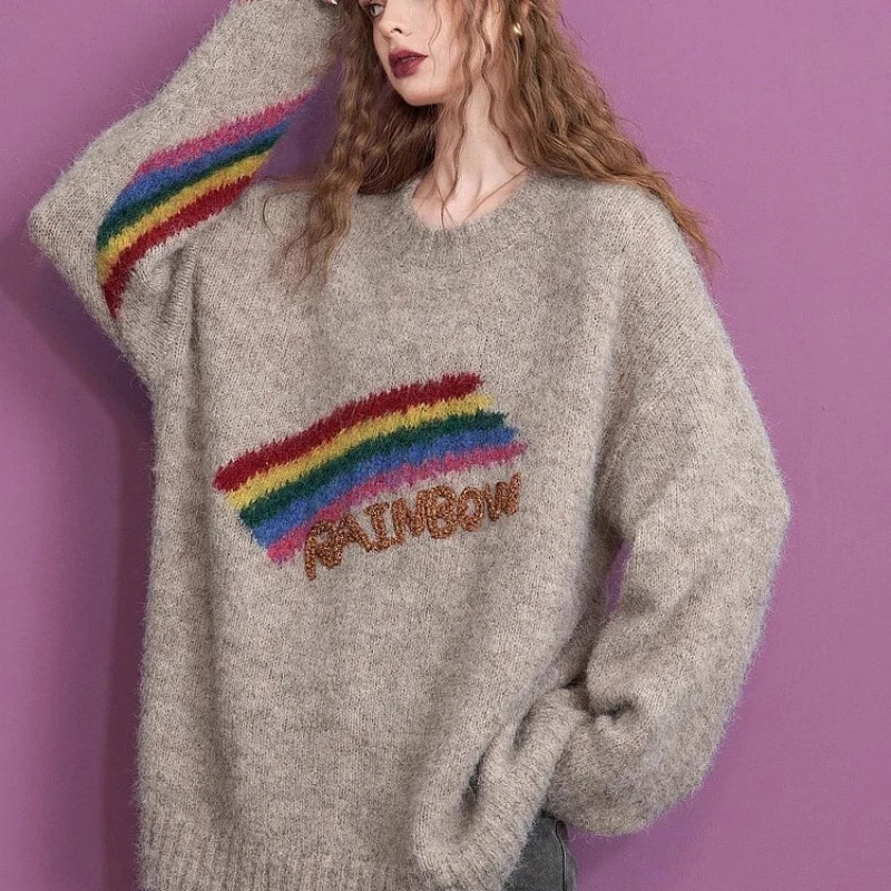 Winter Christmas Rainbow Khaki Warm Loose Pullover Sweater Toggled Drawstring Belted Winter Christmas Rainbow Khaki Warm Loose Pullover Sweater Toggled Drawstring Belted