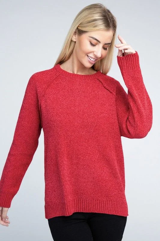 Zenana Raglan Chenille Sweater Striped Floral Plaid