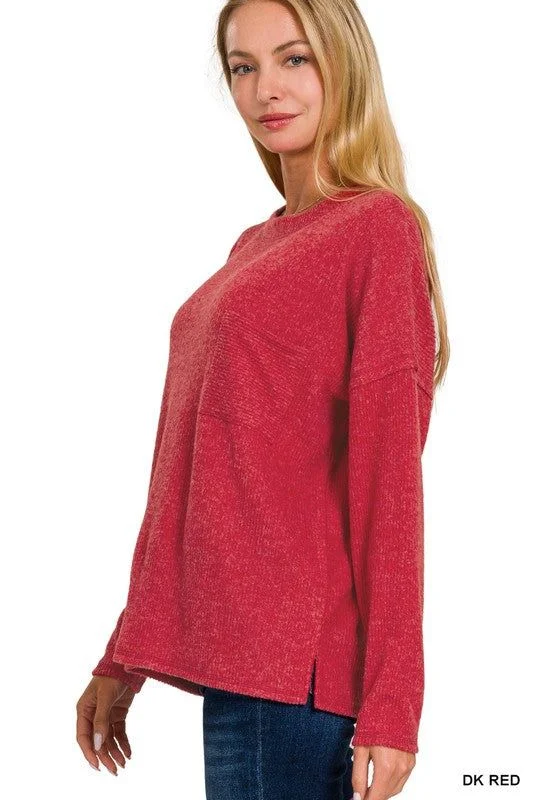 ZENANA Ribbed Brushed Melange Hacci Sweater with a Pocket Modern Contemporary Chic