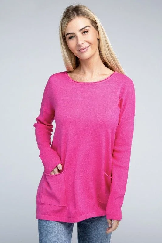 ZENANA | Viscose Front Pockets Sweater Elegant Classic Vintage