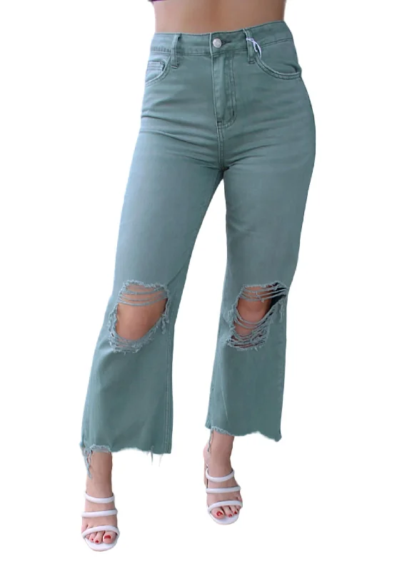 90's Vintage Crop Flare Jean In Green Stylish Plus Size Denim Jeans