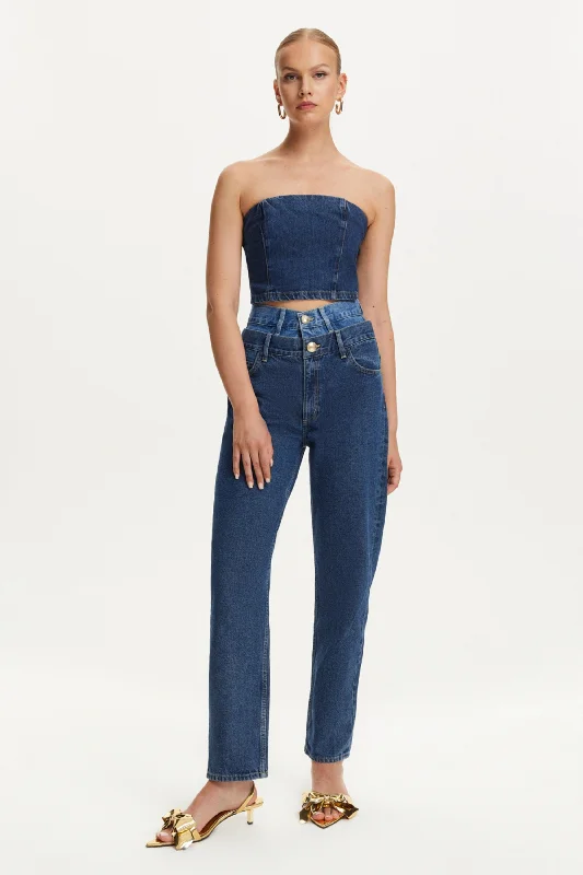Double Waisted Two Tone Jeans Stylish High-Rise Mom Jeans