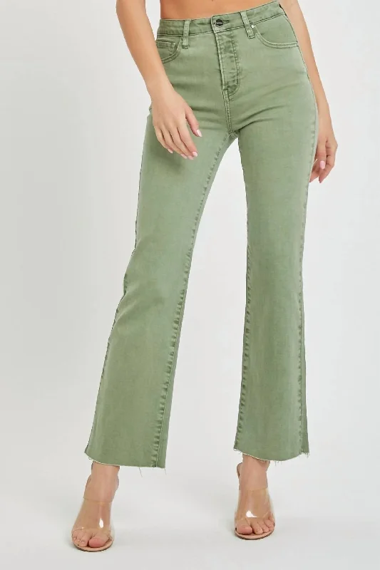 High Rise Raw Hem Straight Leg Jeans In Olive Comfortable Straight-Legged Denim