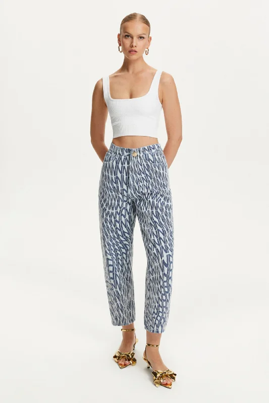 Printed Mom Jeans Comfortable Zip-Fly Denim Jeans