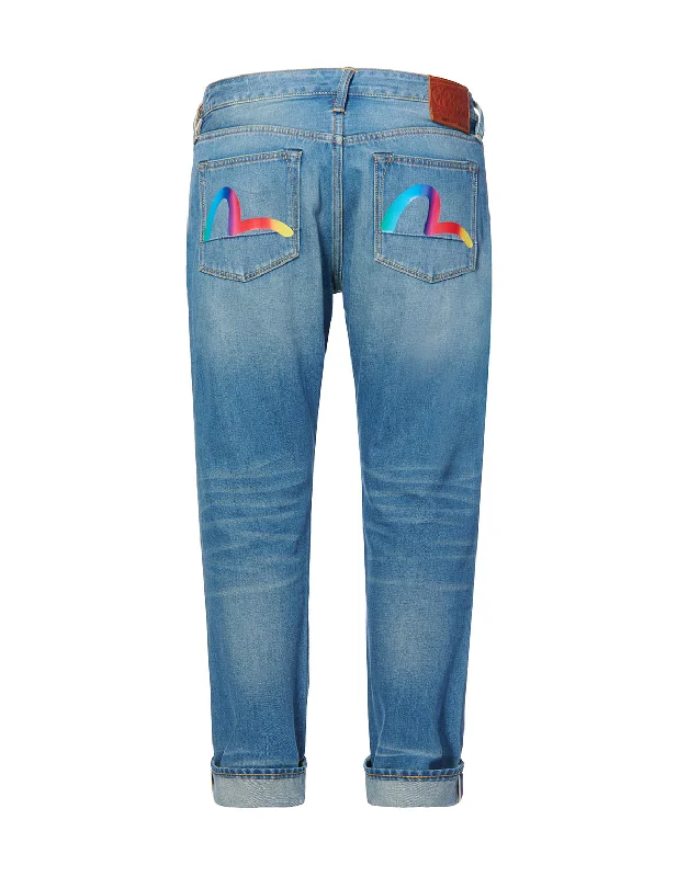 Rainbow Seagull Print 2017 Carrot Fit Jeans Stylish Acid-Wash Jeans