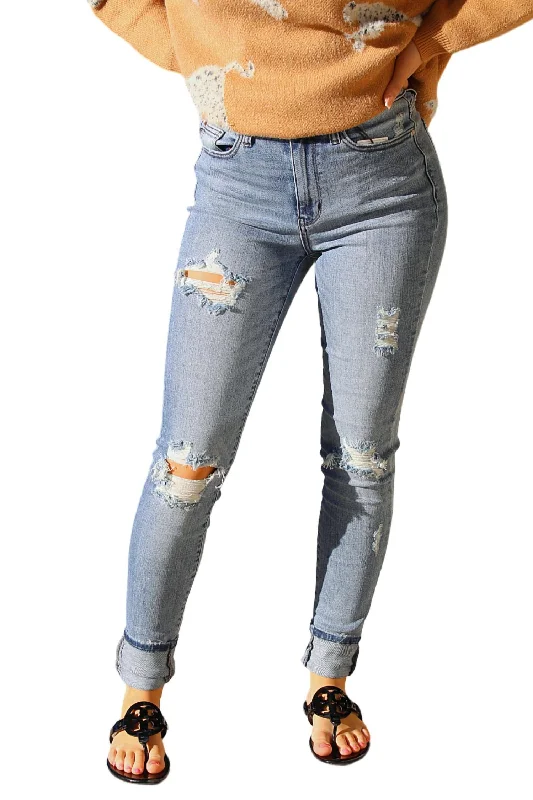 Tall Jeans With Holes In Medium Wash Cozy Relaxed Fit Denim Jeans