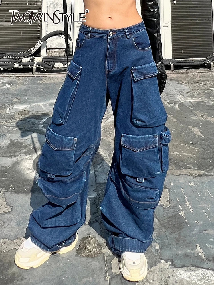 Y2k Clothes Jeans For Women High Waist Loose Patchwork Pockets Solid Denim Fashionable White Denim Jeans