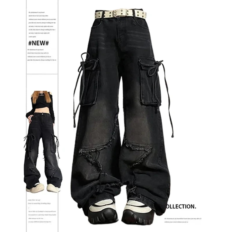 Women's Black Gothic Baggy Sense of Design Cargo Jeans Harajuku Y2k Aesthetic Jeans Cozy Wide-Legged Jeans