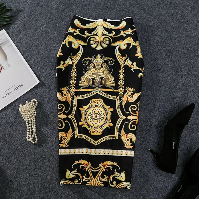 2019 New-Coming European Women Autumn Print Pencil Skirt High Stretch Abstract Pattern Midi Slip Hip Skirt Female velvet skirt plush
