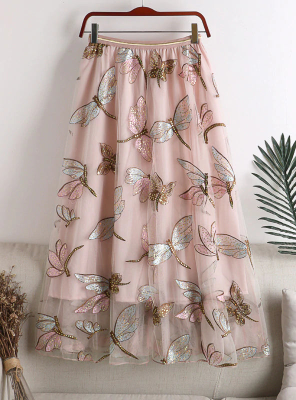 DRAGONFLY EMBROIDERED SEQUINS SKIRT tiered skirt playful