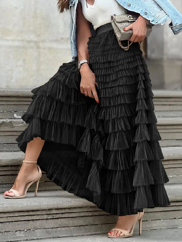A-Line High Waisted Solid Color Tulle Skirts flowy skirt hem