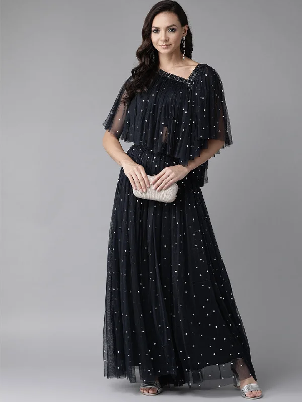 Ahalyaa Navy Blue & Silver Foil Print Layered Top with Skirt silk skirt lustrous