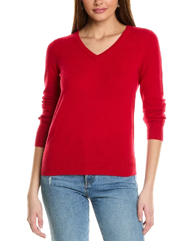 Amicale Cashmere Basic V-Neck Cashmere Sweater Glossy Satin Silk