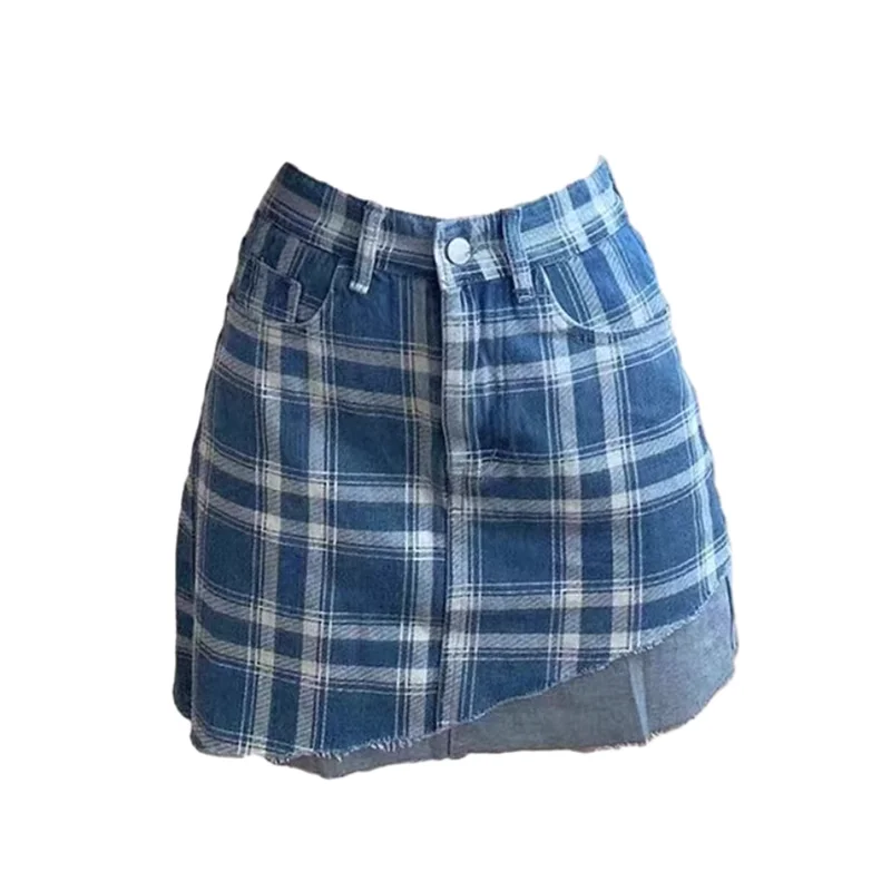 Asymmetrical Blue Plaid Skirt elastic waist skirt