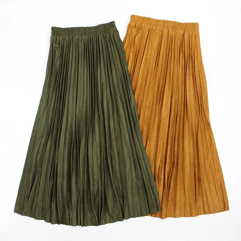 Autumn Winter Women Long Skirt Jupe Longue Suede Pleated Skirts a Line Maxi Khaki Skirt Elastic Waist Jupe Plissee Femme tulle skirt dreamy