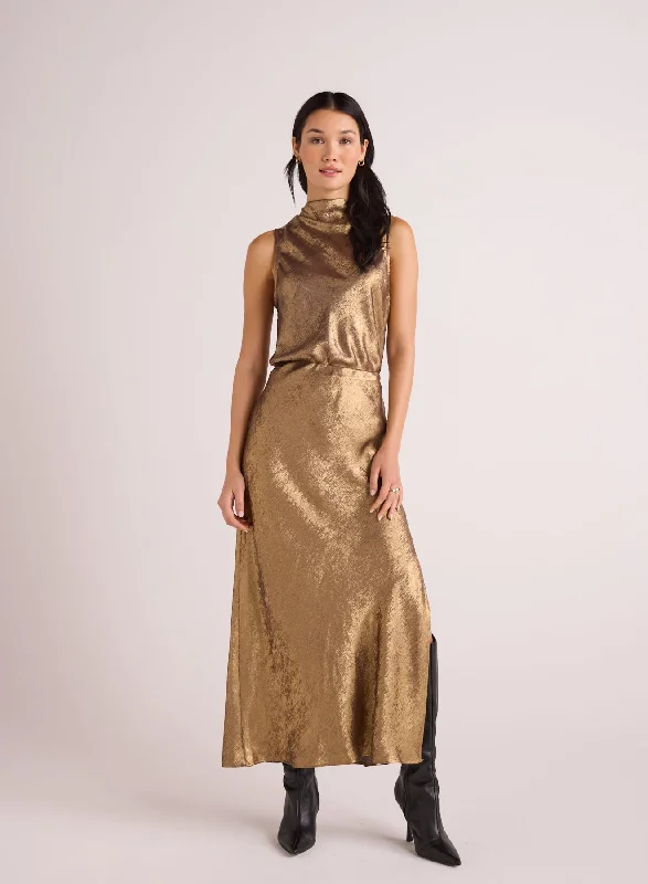 Side Slit Bias Maxi Skirt - Gold Metallic cashmere skirt plush