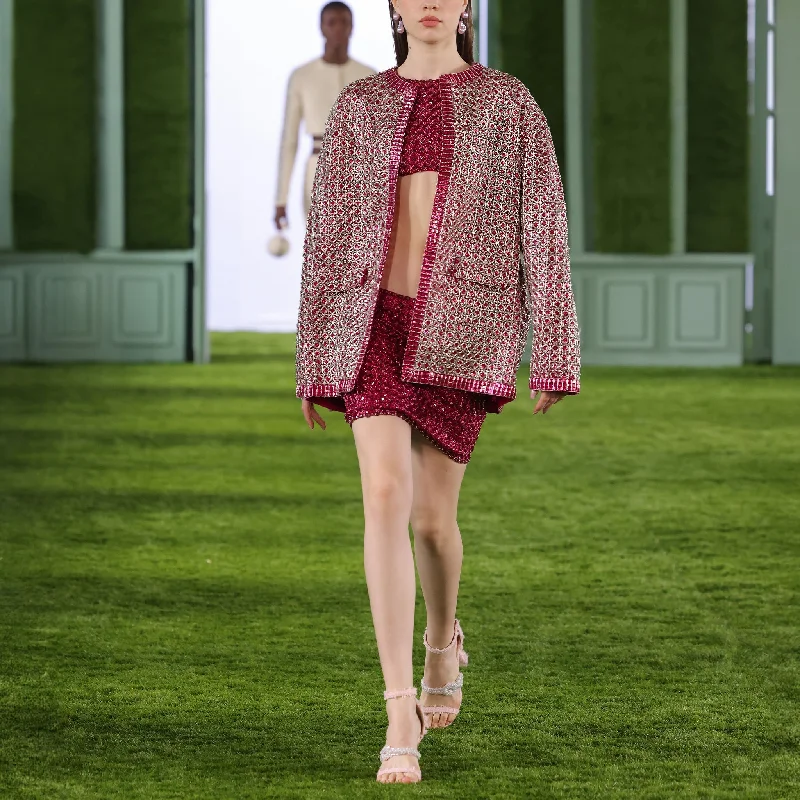 Beaded Tulle Top & Skirt with Oversized Jacket lightweight skirt design