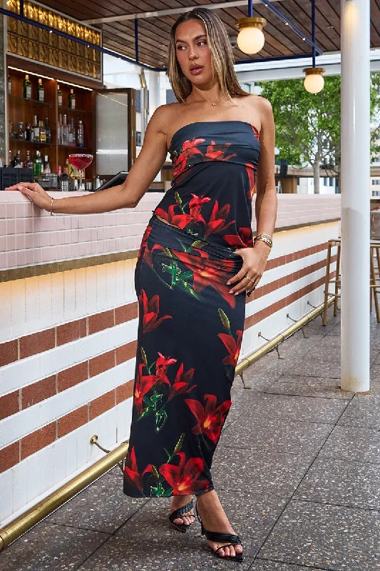 Black Floral Mesh Skirt Elasticated Picot Trim Midaxi velvet skirt sumptuous