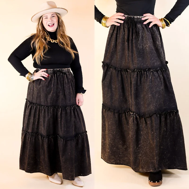 Boho Bliss Acid Wash Tiered Ruffle Maxi Skirt in Ash Black silk skirt lustrous