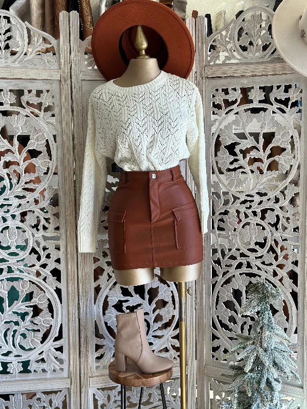 Brown Faux Leather Skirt with Pockets satin skirt smooth