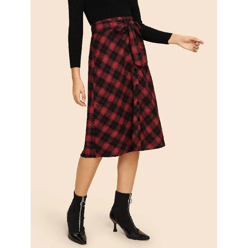 Button Up Plaid Belted Skirt chiffon skirt airy